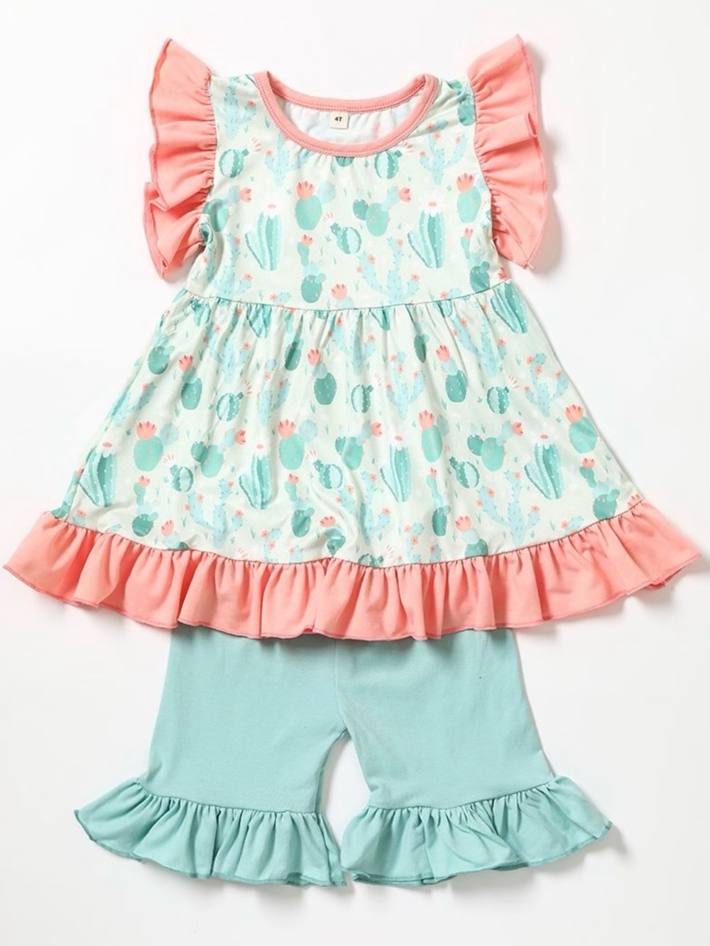 Girl’s Boutique Mint & Coral Cactus Ruffle Tunic Set